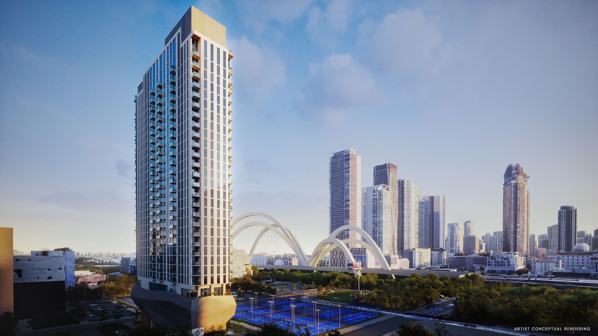 La torre junto al futuro Signature Bridge