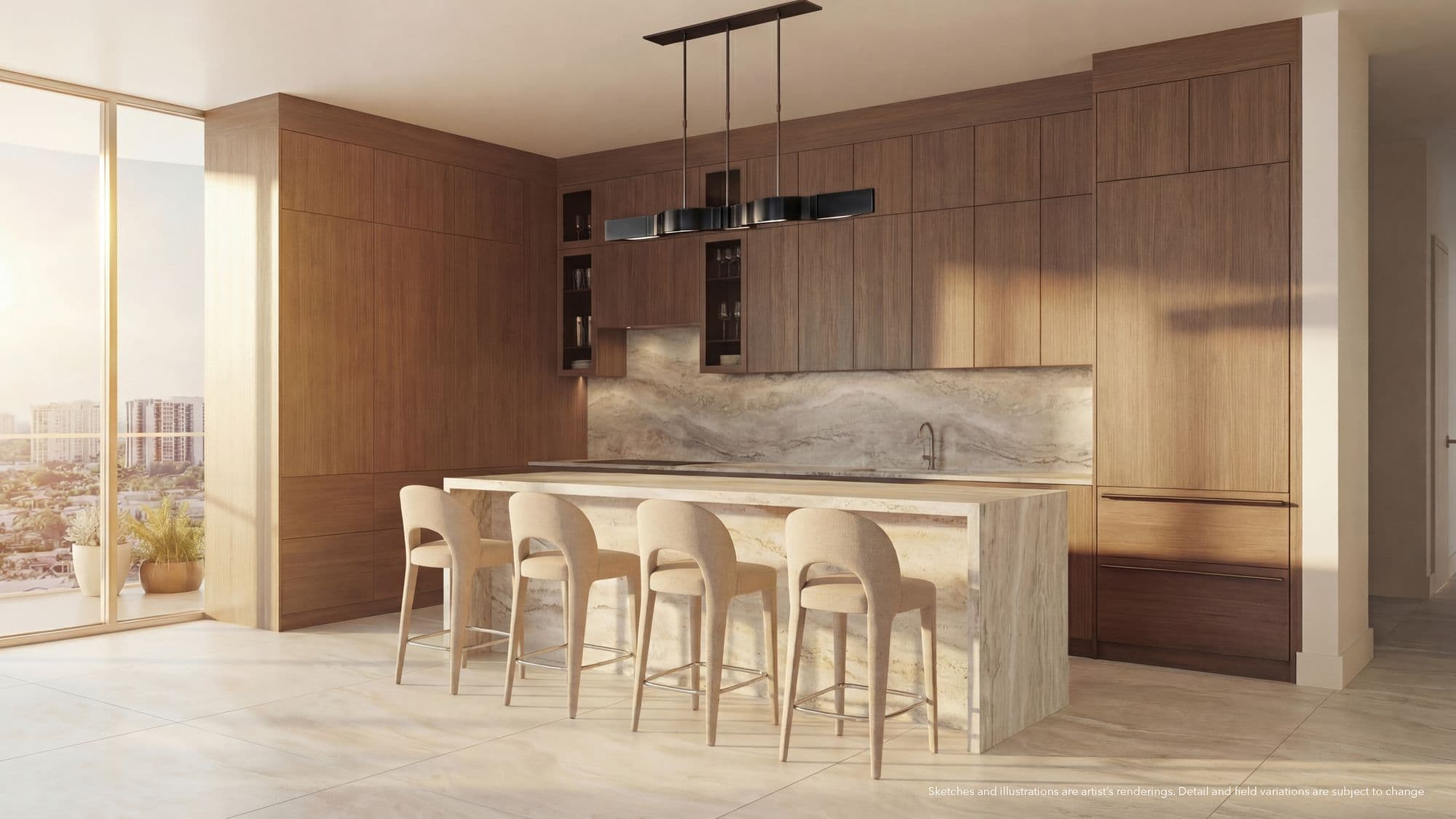 Cocina con isla de travertino