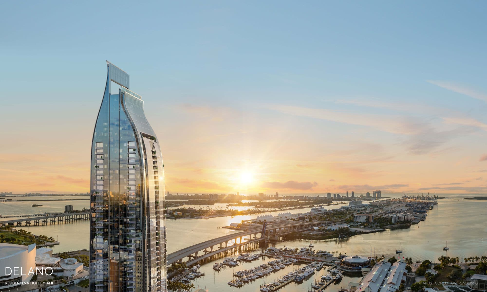 La torre de 90 pisos frente a la bahía de Biscayne, al atardecer