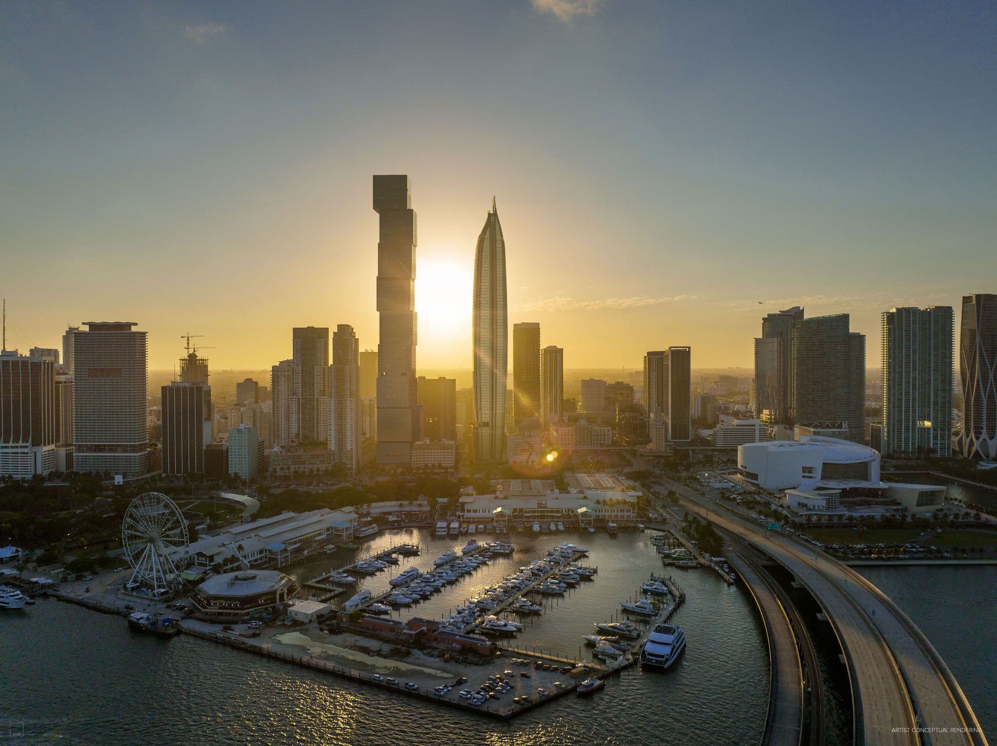 La torre en el skyline de Downtown, junto a la marina de Bayside