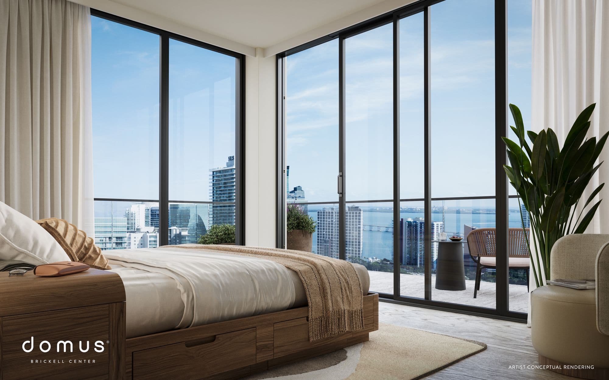 Dormitorio con ventanales de piso a techo
