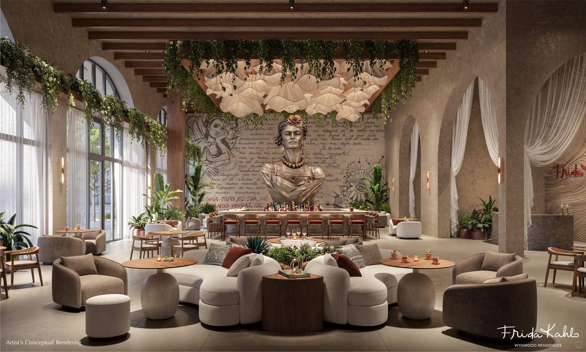 El bar speakeasy del lobby, con una escultura inspirada en Frida Kahlo