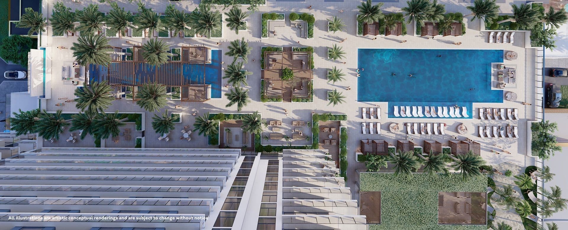Vista aérea de la piscina y los jardines